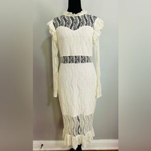 Lucy Wang Elegant Lace Ruffle Midi Dress Bridal Wedding Engagement Pictures L